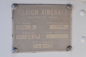 N2407T - 1962 Navion G Rangemaster - Data Plate - Henderson Executive Airport - Las Vegas USA - HND - HSH - KHND